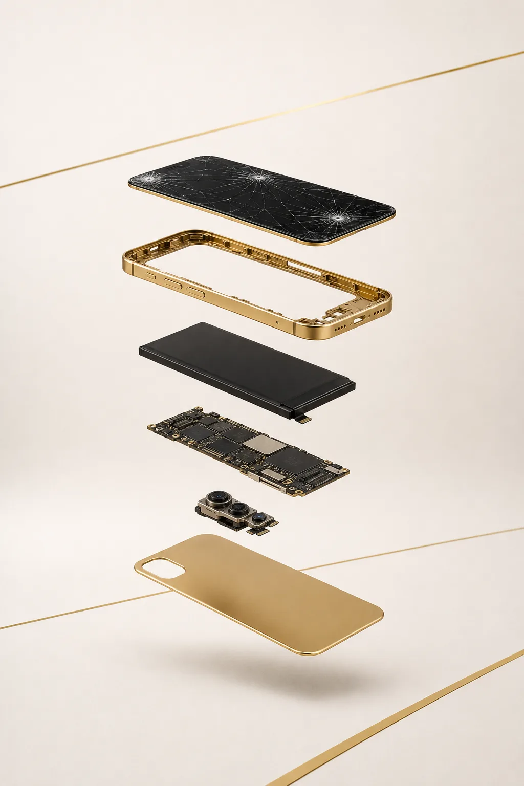 Éclaté vertical d'un smartphone doré : écran brisé, batterie, carte mère, caméra et coque arrière