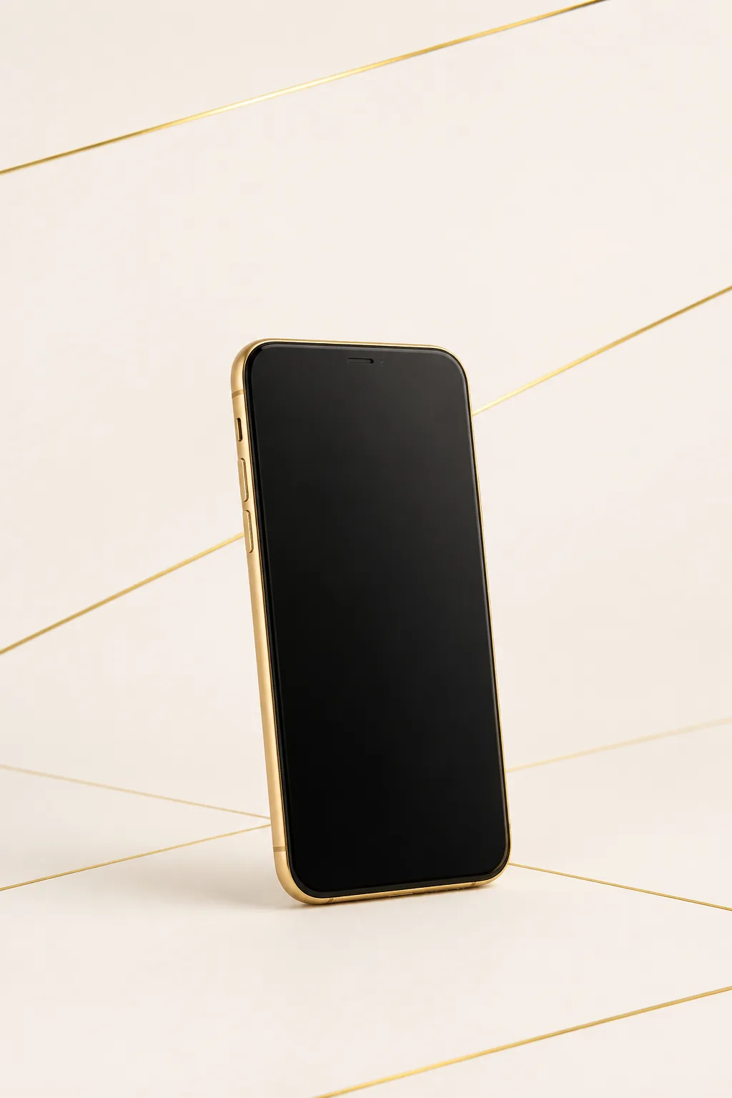 Smartphone doré réparé, écran neuf, sur fond blanc cassé aux lignes dorées