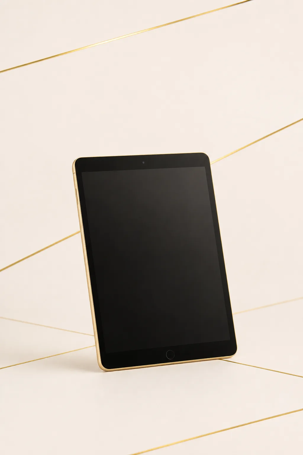 Tablette dorée posée sur fond blanc cassé aux lignes dorées